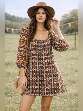 Anthro Maude Boho Mini Dress Tribal Print Puff Sleeve Casual Festival M